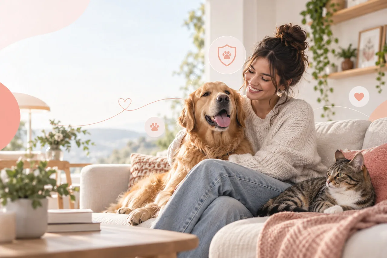 Owner relaxing on a sofa with a dog and a tabby cat